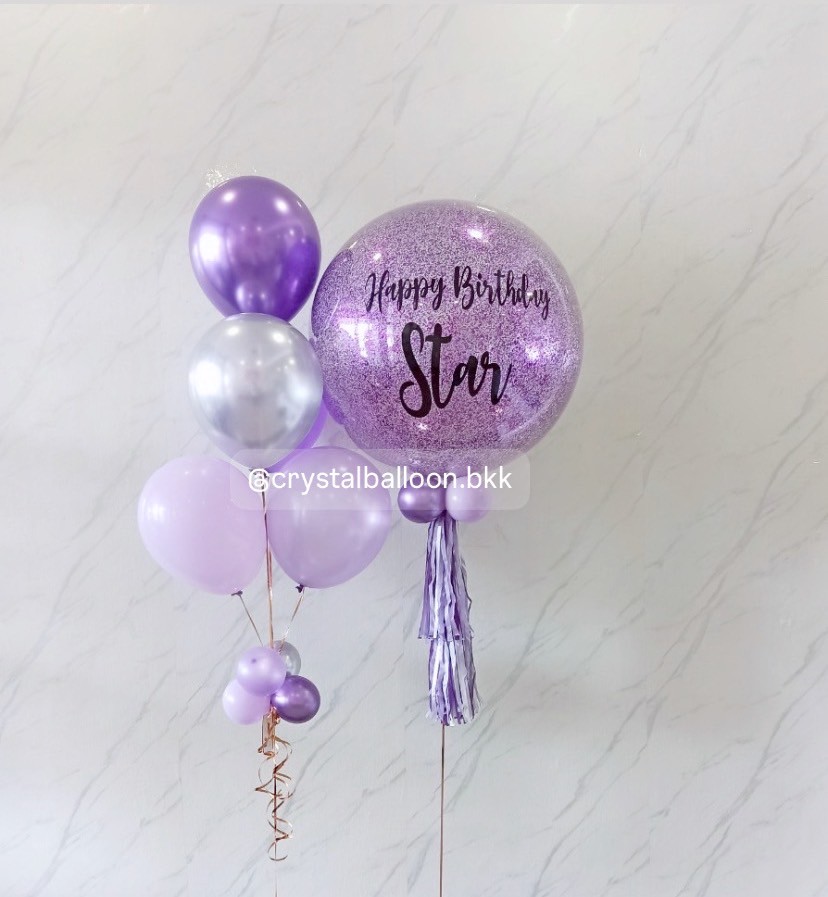ลูกโป่งวันเกิด Bubble ขนาด 24" กลิตเตอร์สีม่วง พร้อมลูกโป่งช่อ 5 ลูก 1 ช่อ Theme ม่วง พร้อมตกแต่ง สามารถเปลี่ยนสีลูกโป่ง/้เปลี่ยนข้อความ/เปลี่ยนขนาดลูกโป่งได้