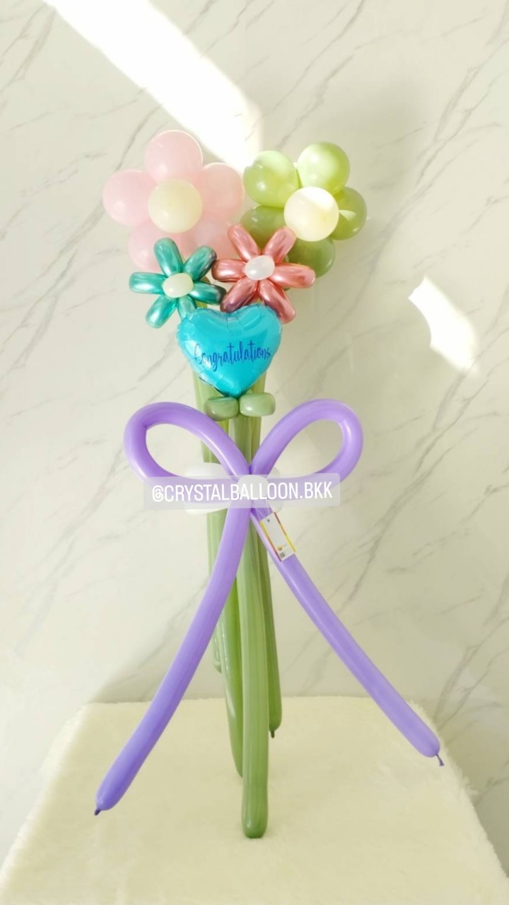 สั่ง Flower Balloon Small Bouquet ช่อ 5 ดอก พร้อม ฟอยล์หัวใจ ขนาด 10" 1 ชิ้น พร้อมตกแต่ง สามารถเปลี่ยนสีลูกโป่ง/เปลี่ยนข้อความ/เปลี่ยนสี-ฟอยล์ตกแต่งได้