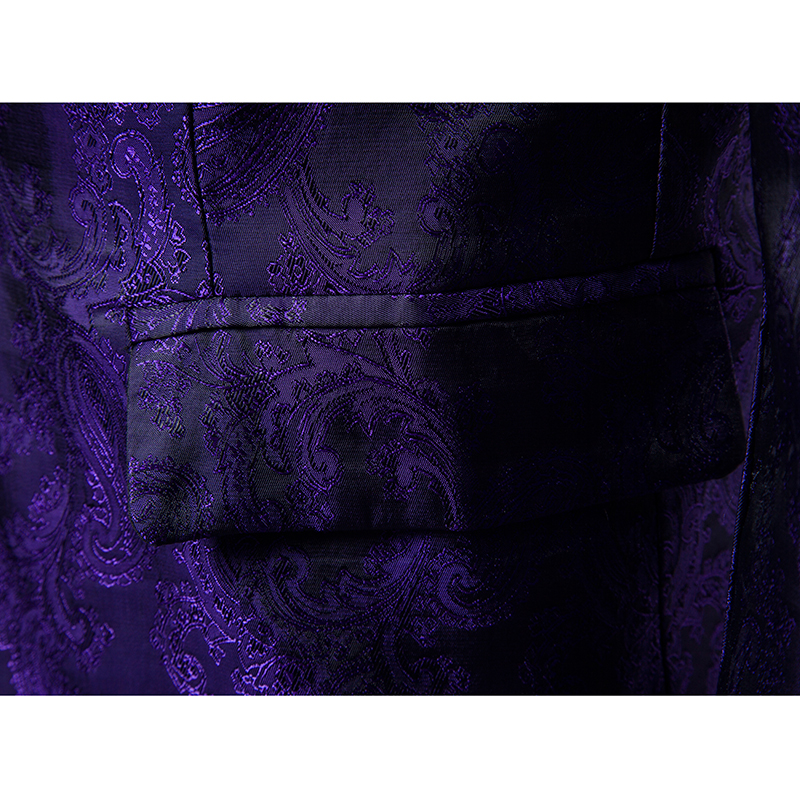 พร้อมเช่า ชุดสูทชาย สีม่วง พิมพ์ลาย เนื้อผ้าแพรแบบหรูมาก ไม่มีเสื้อกั๊ก