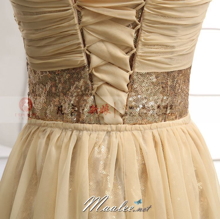 พร้อมเช่า ชุดราตรีสั้น เกาะอก สีทอง Champagne เข้ารูปปักเลื่อม อกแต่งผ้าชีฟอง หางปลาสามารถถอดได้