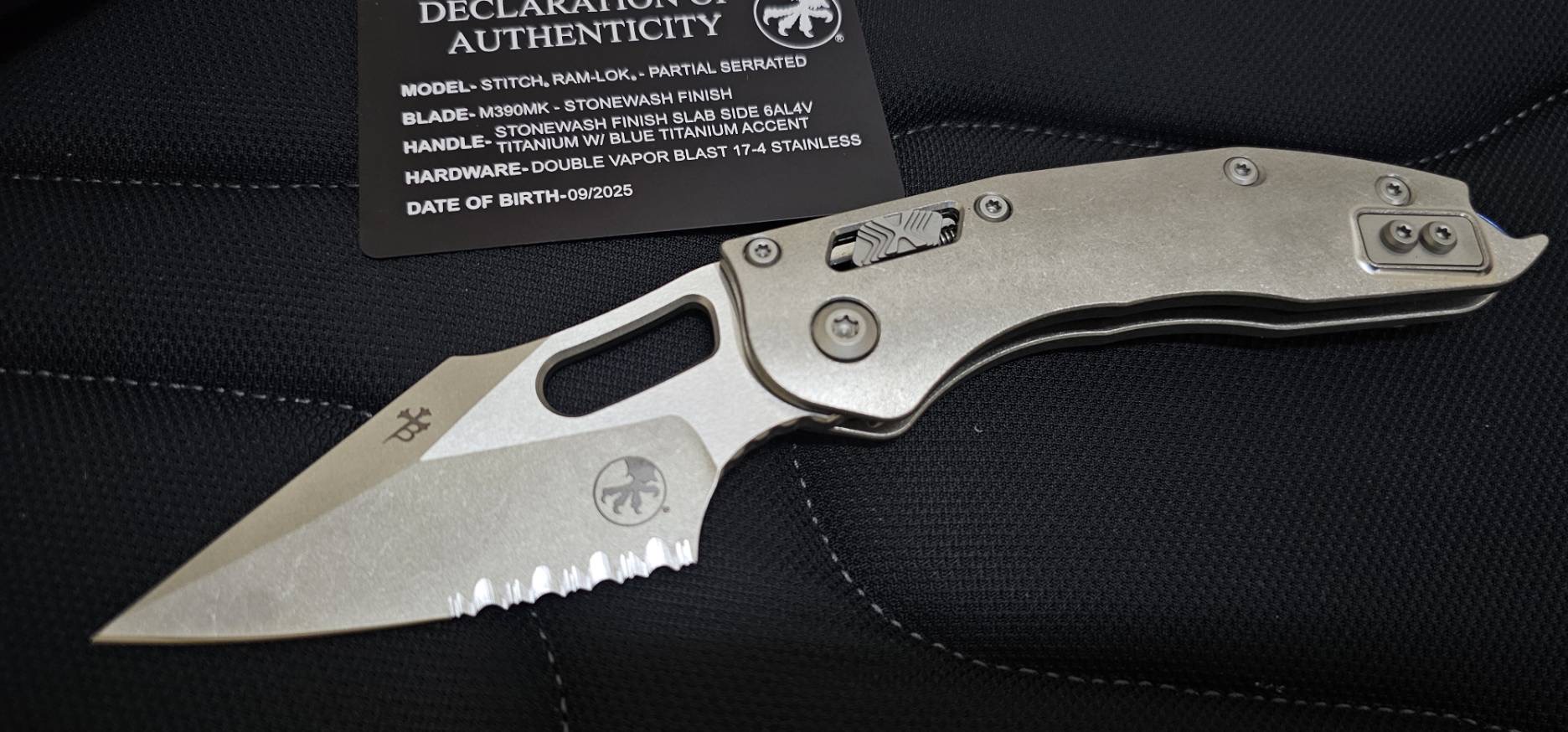 Microtech Stitch Ram-Lok S/E - Stonewashed Titanium - Stonewashed Blade - Blue Accents - Marfione Select