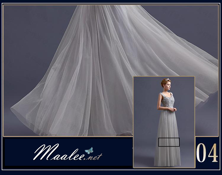 พร้อมเช่า ชุดราตรียาว แบบแขนกุด ช่วงอกปักลูกไม้แต่งลูกปัดหรู ตัวกระโปรงยาวผ้าตาข่าย สวยพริ้ว สีเทา