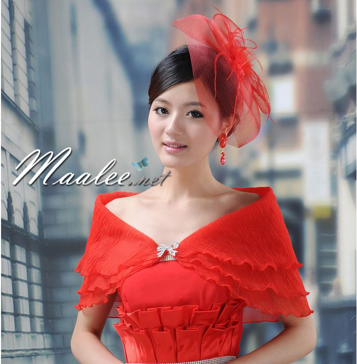เสื้อคลุมชุดราตรี ผ้าแก้วออกันซ่า สีแดง พร้อมตะขอเพชรรูปโบว์
