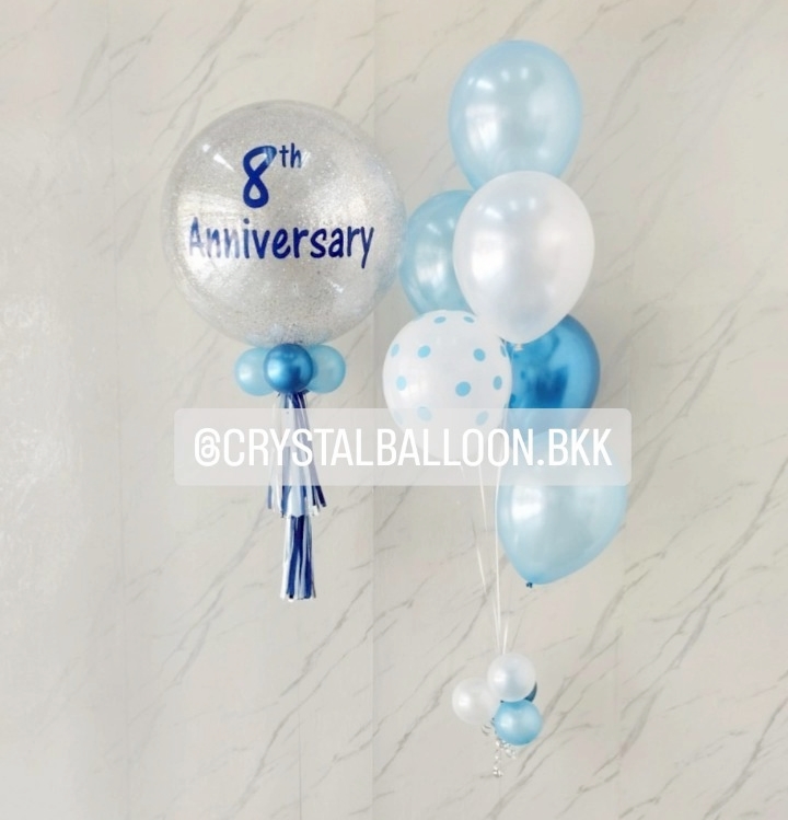 ลูกโป่ง วันครบรอบ Bubble ขนาด 24" กลิตเตอร์สีเงิน พร้อมลูกโป่งช่อ 6 ลูก 1 ช่อ พร้อมตกแต่ง สามารถเปลี่ยนสีลูกโป่ง/้เปลี่ยนข้อความ/เปลี่ยนขนาดลูกโป่งได้