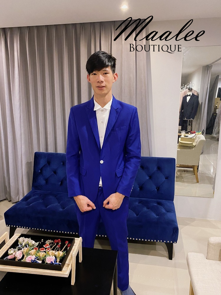 พร้อมเช่า ชุดสูทชาย สีน้ำเงิน กระดุมขาว (มีเสื้อกั๊ก)