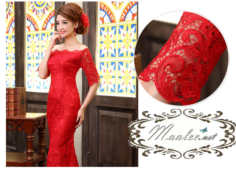 พร้อมเช่า ชุดราตรียาว สีดำ ทรงหางปลา ลูกไม้ทัั้งตัว เปิดไหล่ แขนสามส่วน (เชือกผูกหลัง)