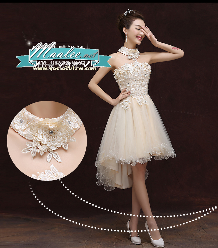 พร้อมเช่า ชุดราตรีสั้น เกาะอก ลูกไม้ หน้าสั้นหลังยาว สีเทา พร้อมสร้อยคอลูกไม้ ถอดแยกได้