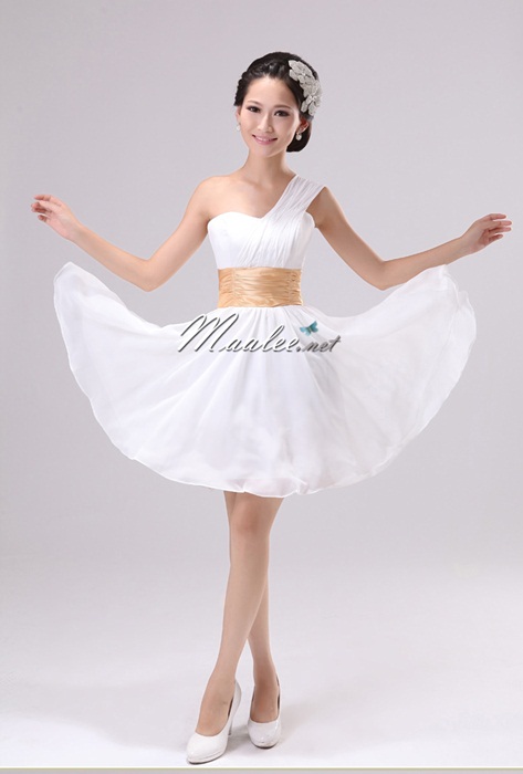 พร้อมส่ง ชุดราตรีสั้น บ่าเฉียง สีชมพูอ่อน คอเว้า Sweet Heart คาดเอวผ้าซาติน