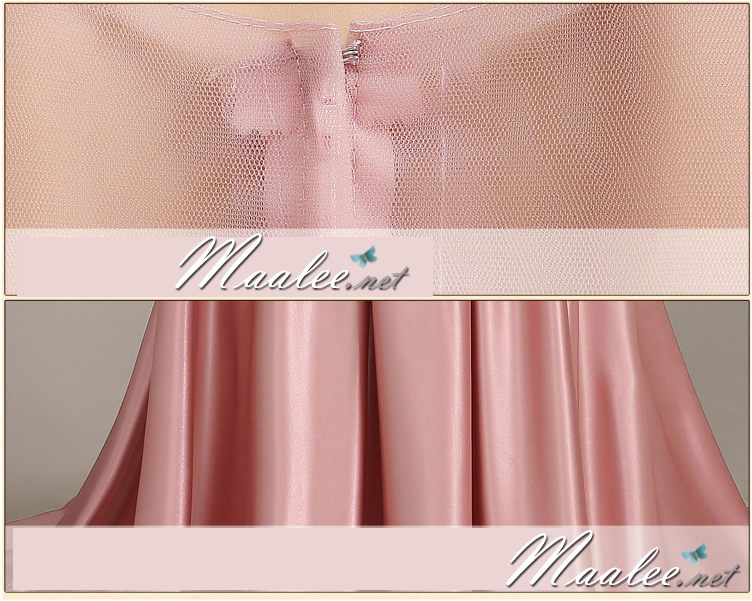 พร้อมเช่า ชุดราตรียาว สีชมพูกะปิ ปักลูกไม้แต่งเลื่อม ด้านหลังเป็นแบบซีทรู กระโปรงผ้าซาติน ชายยาว