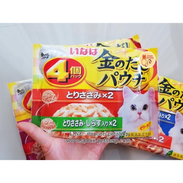 Inaba Pouch อาหารเปียก สำหรับแมว แพ็ค 4 ซอง รสเนื้อสันในไก่ในเยลลี่ x2 + รสเนื้อสันในไก่และปลาข้าวสารในเยลลี่ x2 จากประเทศญี่ปุ่น 60g (ส้ม)