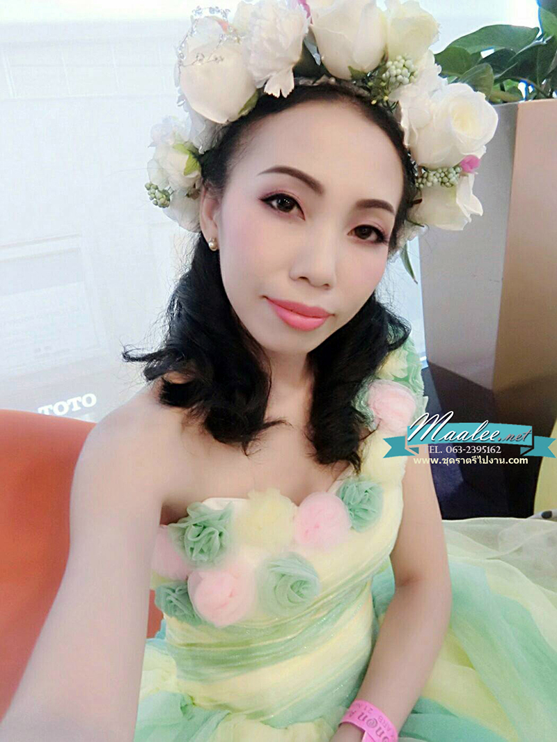 พร้อมเช่า ชุดแฟนซี เช่า 500 ชุดราตรีสั้น ลายทาง สีลูกกวาด แต่งดอกไม้