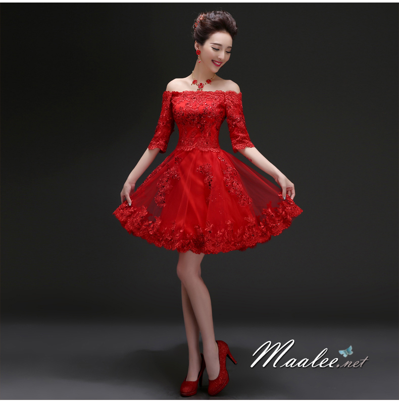 พร้อมส่ง ชุดราตรีสั้น แบบปาดไหล่ ตัวชุดลูกไม้ปักดิ้น กระโปรงตาข่าย สีแดง