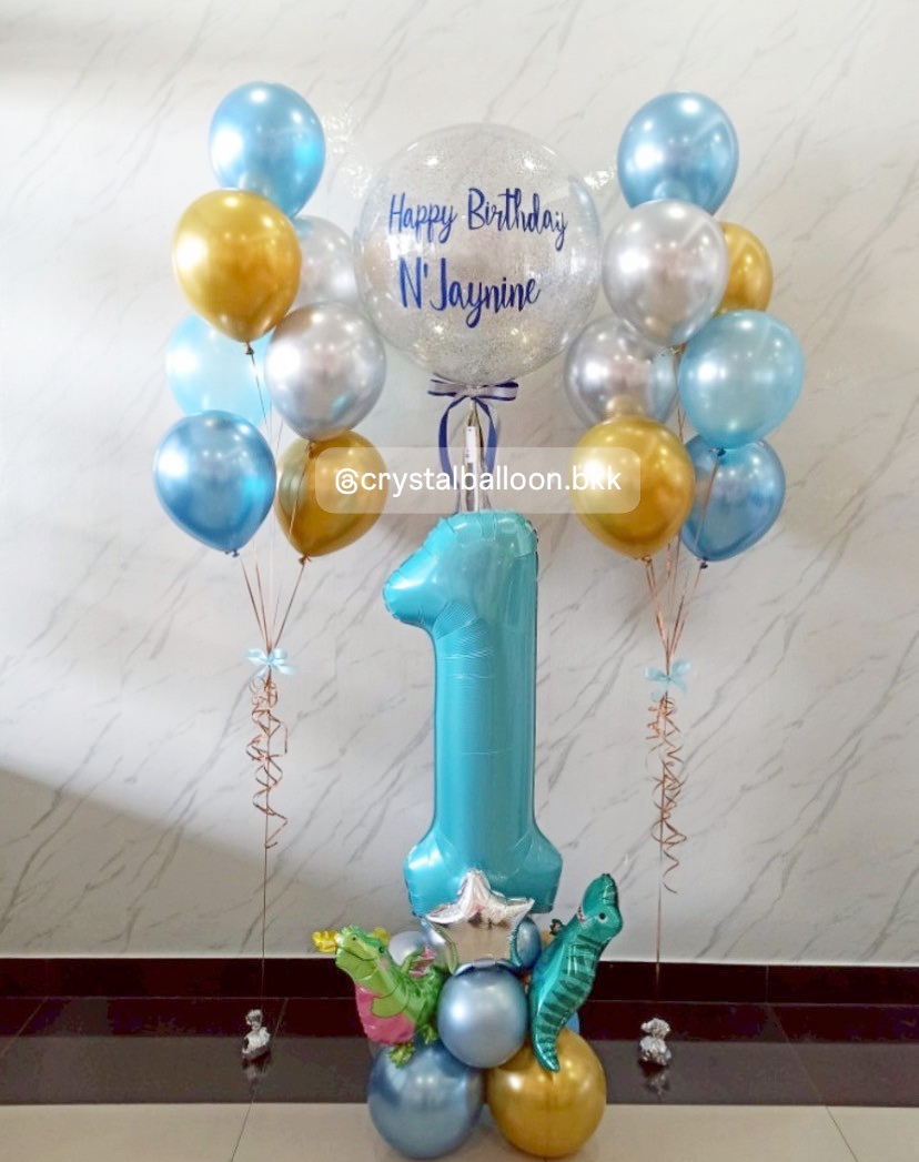 ลูกโป่ง วันเกิดเด็ก Bubble ขนาด 24" กลิตเตอร์สีเงิน 1 ลูก ,ลูกโป่งช่อ 7 ลูก 2 ช่อ ฟอยล์ตัวเลข 40" ตั้งฐาน พร้อมตกแต่ง สามารถเปลี่ยนสีลูกโป่ง/เปลี่ยนข้อความ/เปลี่ยนสี-ฟอยล์ตกแต่งได้