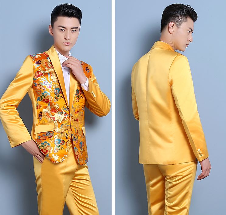 Pre-order ชุดสูทจีนชาย สีน้ำเงินปกคอน้ำเงิน พิมพ์ลายกราฟฟิก