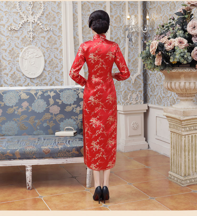 พร้อมส่ง กี่เพ้า ผ้าไหมจีน สีแดง แขนยาว ลายลายดอกบ๊วย Cherry Blossomตัดเย็บอย่างดี (XL)