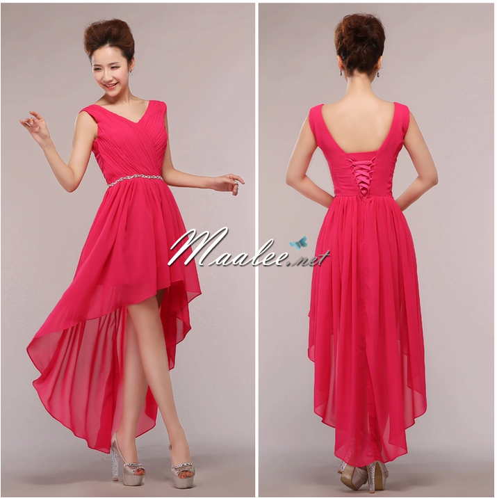 พร้อมส่ง ชุดราตรีสั้น แขนกุด หน้าสั้นหลังยาว สีชมพู Hot Pink คาดเอวคริสตัล