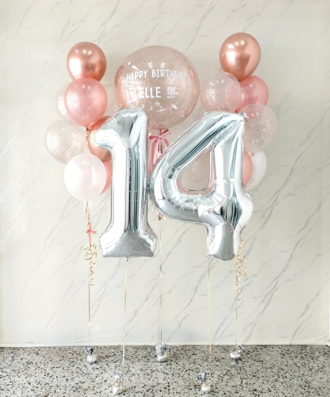ลูกโป่ง วันเกิดเด็ก Bubble ขนาด 24" กลิตเตอร์สีโรสโกล 1 ลูก พร้อม ช่อลูกโป่ง ช่อ 7 ลูก 2 ช่อ Theme สีโรสโกล,ฟอยล์ตัวเลข ขนาด 40" 2 ชิ้น พร้อมตกแต่ง สามารถเปลี่ยนสีลูกโป่ง/เปลี่ยนข้อความ/เปลี่ยนสี-ฟอยล์ตัวเลขได้