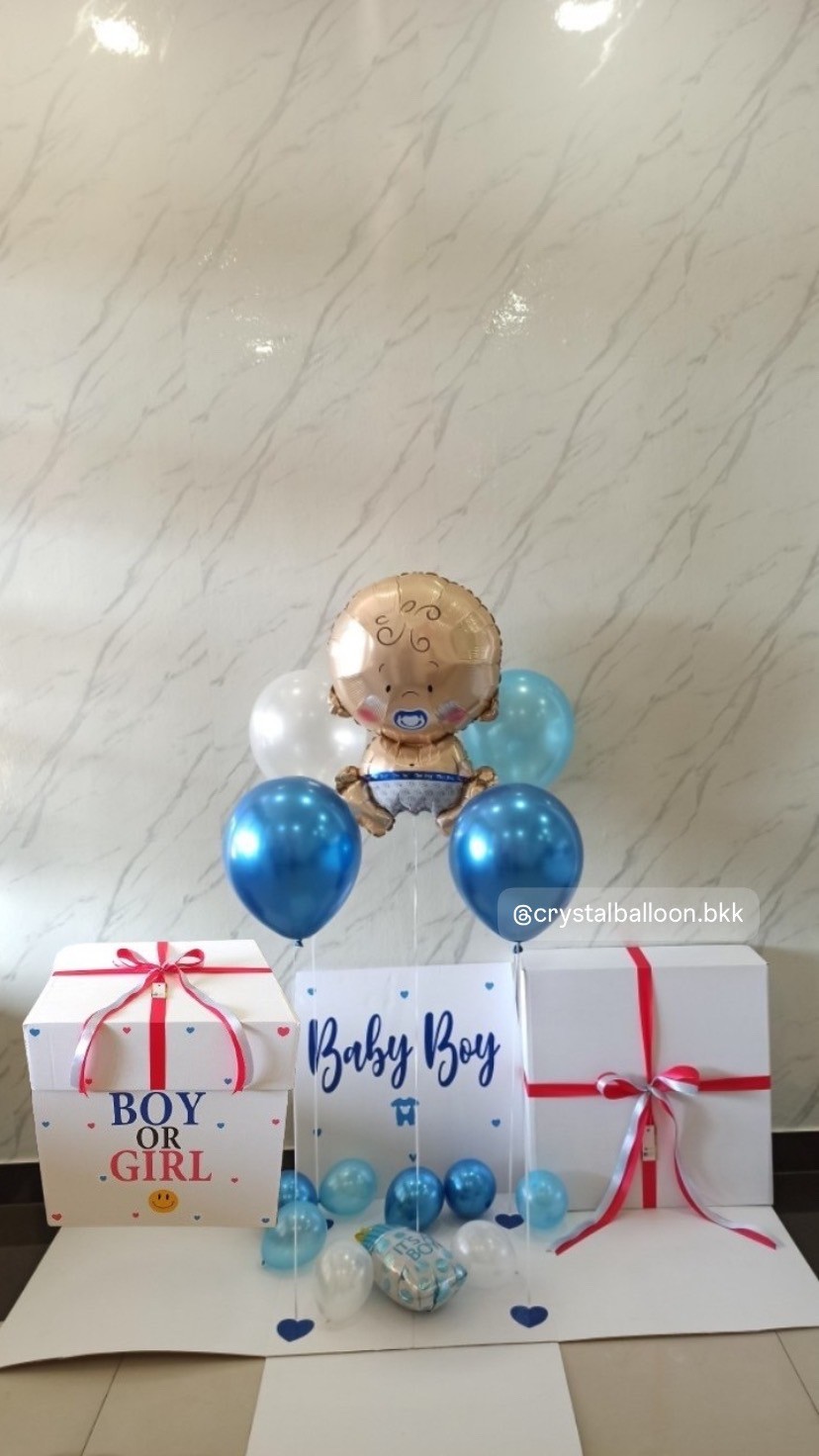 Surprised Box กล่องทายเพศ พร้อมตกแต่ง ลูกโป่ง 4 ลูก ฟอยล์เด็กทารก 1 ชิ้น,สามารถใส่รูปได้ 2 รูป สามารถเปลี่ยนสีลูกโป่ง/เปลี่ยนสี-ฟอยล์ตกแต่ง/เปลี่ยนข้อความได้