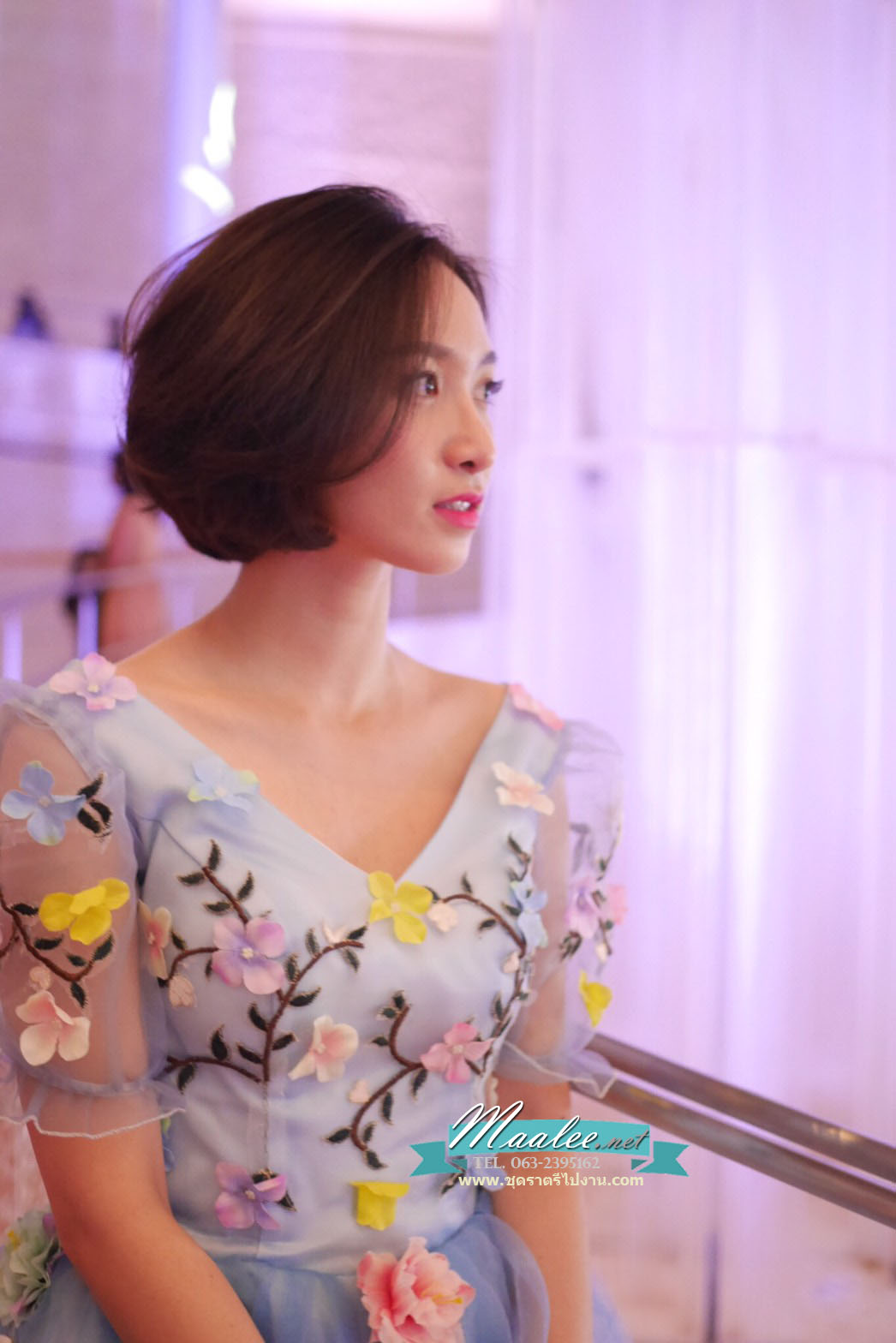 พร้อมเช่า ชุดแฟนซีสั้น สีฟ้า แขนยาว แต่งดอก Fairy สไตล์เจ้าหญิง กระโปรงพองสวยชายย้วย เชือกผูกหลัง