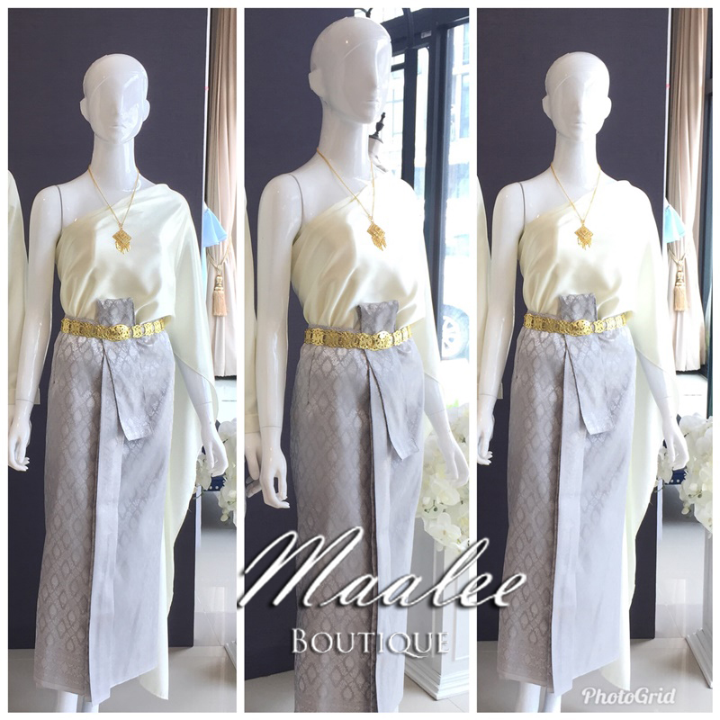 เช่า ชุดไทย ชุดเพื่อนเจ้าสาว ชุดไทยผ้าถุงสีเทาเงิน สไบเรียบ สีงาช้าง