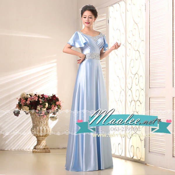 พร้อมเช่า สำหรับสาวไซส์ใหญ่ ชุดราตรียาว แบบแขนสั้น ผ้าซาตินสวยสง่า อกจับจีบปักเลื่อมช่วงอก-เอว สีฟ้า (เชือกผูกหลัง)