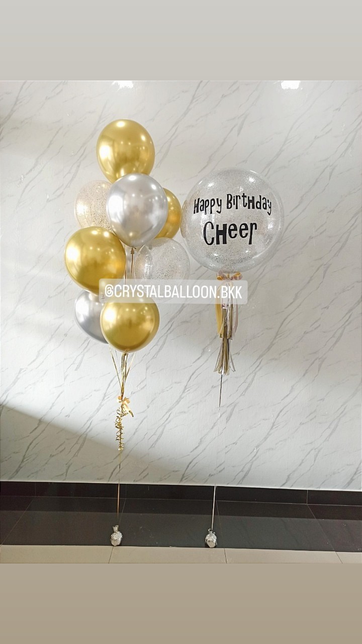 ลูกโป่ง วันเกิด Bubble ขนาด 24" กลิตเตอร์สีเงิน พร้อมตกแต่ง ช่อลูกโป่งโครเมี่ยม ช่อ 9 ลูก 1 ช่อ,ลูกโป่งใส ใส่กลิตเตอร์ สามารถเปลี่ยนสีลูกโป่ง/เปลี่ยนข้อความ/เปลี่ยนขนาดได้