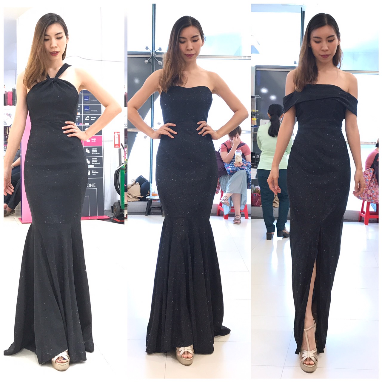 พร้อมเช่า ชุดเดรส เกาะอก ทรงหางปลา ผ้า glitter ระยิบระยับ สีดำ