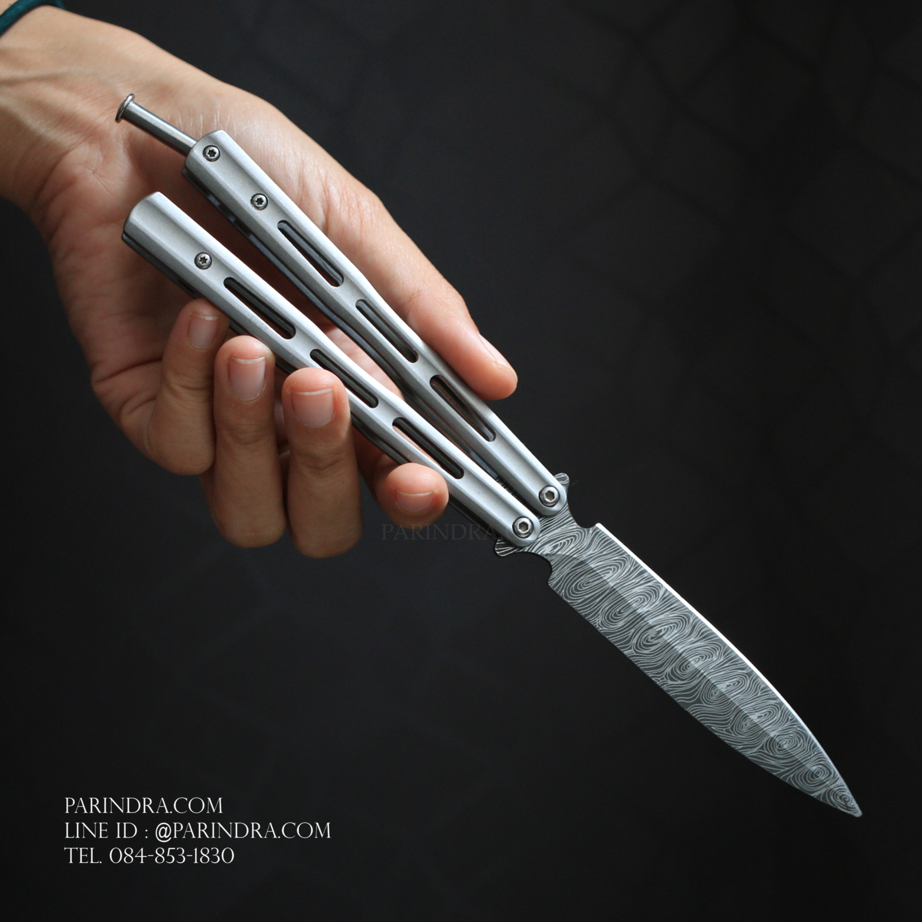 มีดบาลีซอง Balisong มีดควง มีดปีกผีเสื้อ ใบมีดยิงเลเซอร์ลายดามัสกัส