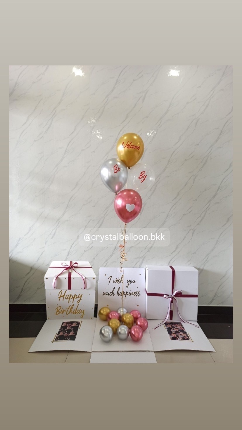 Happy Birthday Surprised Box กล่องเซอร์ไพรส์ พร้อม ลูกโป่ง 4 ลูก พร้อมตกเเต่ง สามารถใส่รูปได้ 2 ใบ สามารถเปลี่ยนสีลูกโป่ง/เปลี่ยนสีข้อความได้