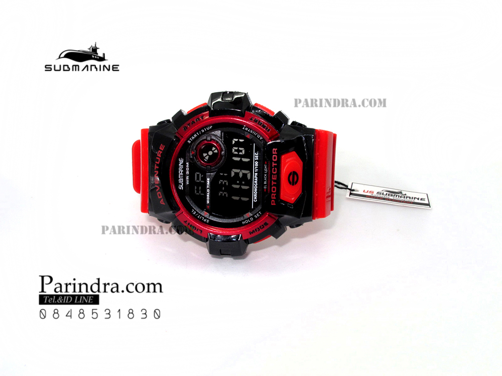 นาฬิกา US submarine TP1329M สีแดง-ดำ พื้นหลังดำ ระบบดิจิตอล สายซิลิโคนผิวมัน