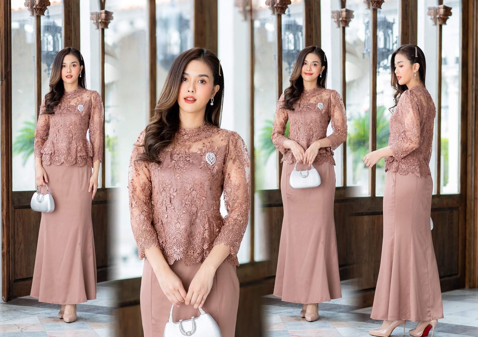 พร้อมเช่า ชุดไทยคุณแม่ เสื้อลูกไม้สีน้ำตาล คอวี กระโปรง แยกชิ้น เรียบหรู