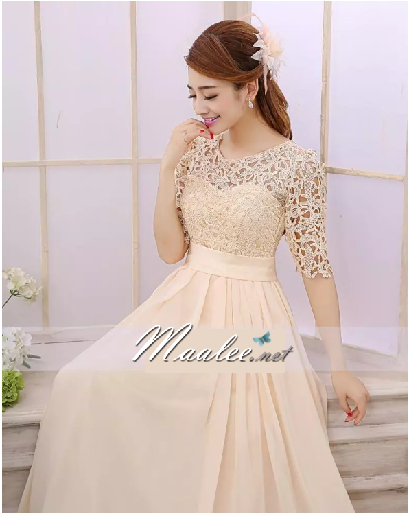 พร้อมส่ง ชุดราตรียาว สีครีม แขนสามส่วน ลูกไม้ฉลุ กระโปรงผ้าชีฟอง