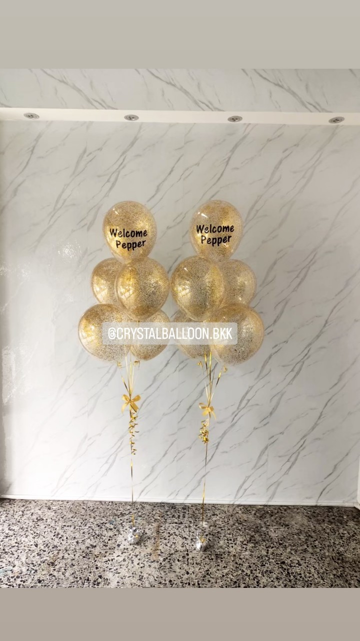 ลูกโป่ง Welcome Home ช่อลูกโป่งใส ใส่กลิตเตอร์ทอง ช่อ 5 ลูก 2 ช่อ พร้อมตกแต่ง สามารถเปลี่ยนสีลูกโป่ง/เปลี่ยนข้อความได้