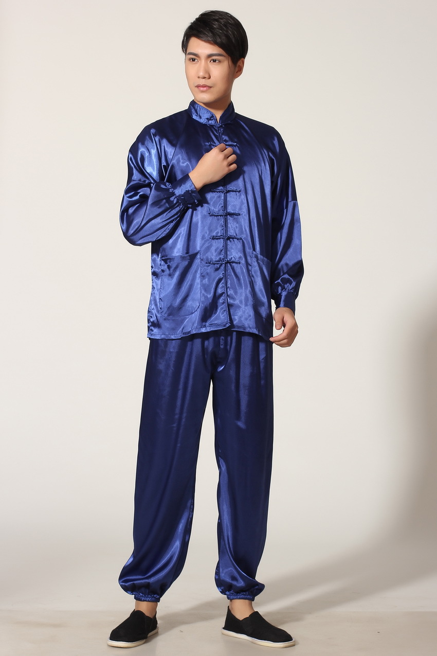 Pre-order ชุดจีนชาย แขนยาวผ้าแพร สีน้ำเงิน