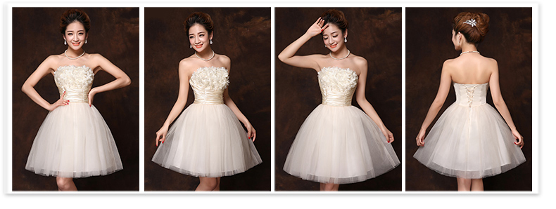 พร้อมส่ง ชุดราตรีสั้น เกาะอก กระโปรงตาข่าย อกแต่งดอกเอวจับจีบ สีครีม