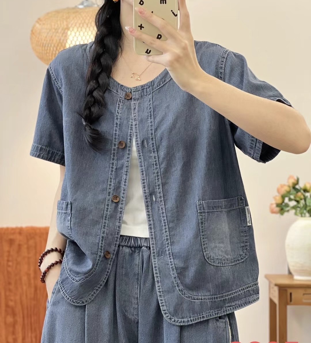 เสื้อ/เสื้อคลุมยีนส์บางแต่งกระเป๋า