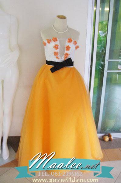 พร้อมเช่า ชุดแฟนซี ชุดราตรี เกาะอก สีส้ม ขาว แต่งดอกไม้ ผ่า V โปร่งกลางอก