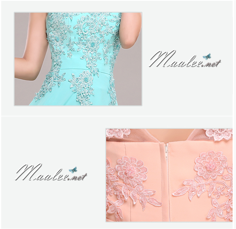 พร้อมเช่า ชุดราตรียาว ผ้าชีฟอง สีฟ้า ปักลูกไม้และแต่งลูกปัด สวยหรู