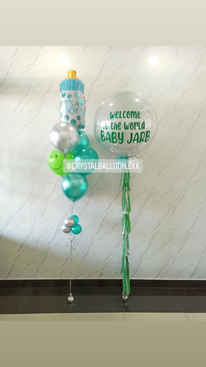 ลูกโป่ง Welcome Baby Bubble ขนาด 36" กลิตเตอร์สีเงิน พร้อม ช่อลูกโป่งฟอยล์ขวดนม ช่อ 7 ลูก 1 ช่อ พร้อมตกแต่ง สามารถเปลี่ยนสีลูกโป่ง/เปลี่ยนข้อความ/เปลี่ยนขนาด/เปลี่ยนฟอยล์ตกแต่งได้