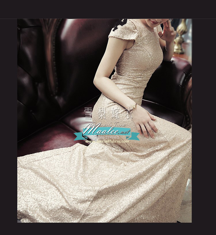 พร้อมส่ง ชุดราตรียาว แบบแขนสั้น ผ้าหลัง สีเทา เนื้อผ้าแต่งเลื่อมทั้งตัว ทรงหางปลา