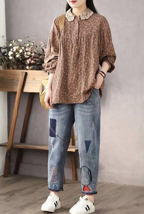 เสื้อผ้าฝ้ายนิ่มลายดอกไม้แต่งปกผ้าลูกไม้
