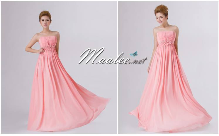 พร้อมส่ง ชุดราตรียาว เกาะอก สีโอรส แต่งดอกเก๋ๆ