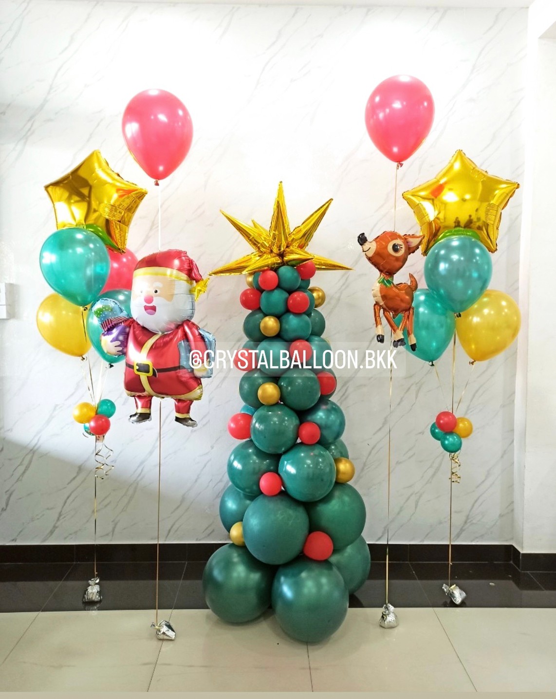 ลูกโป่ง Christmas ช่อลูกโป่งฟอยล์ดาว ขนาด 24" ช่อ 5 ลูก 2 ช่อ พร้อม ต้น Christmas สูง 1.5 เมตร พร้อมตกแต่ง ฟอยล์ดาวแฉกใหญ่ 1 ชิ้น,ฟอยล์ซานต้า 1 ชิ้น,ฟอยล์กวาง 1 ชิ้น สามารถเปลี่ยนสีลูกโป่ง/เปลี่ยนฟอยล์ตกแต่งได้