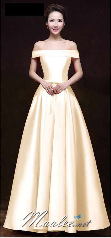 พร้อมเช่า ชุดราตรียาว แบบไหล่ปาด สไตล์วินเทจผ้าไหมดัชเชส กระโปรงทรงA แต่งโบว์2ชั้น ช่วงเอว สีครีม Champagne (เชือกผูกหลัง)