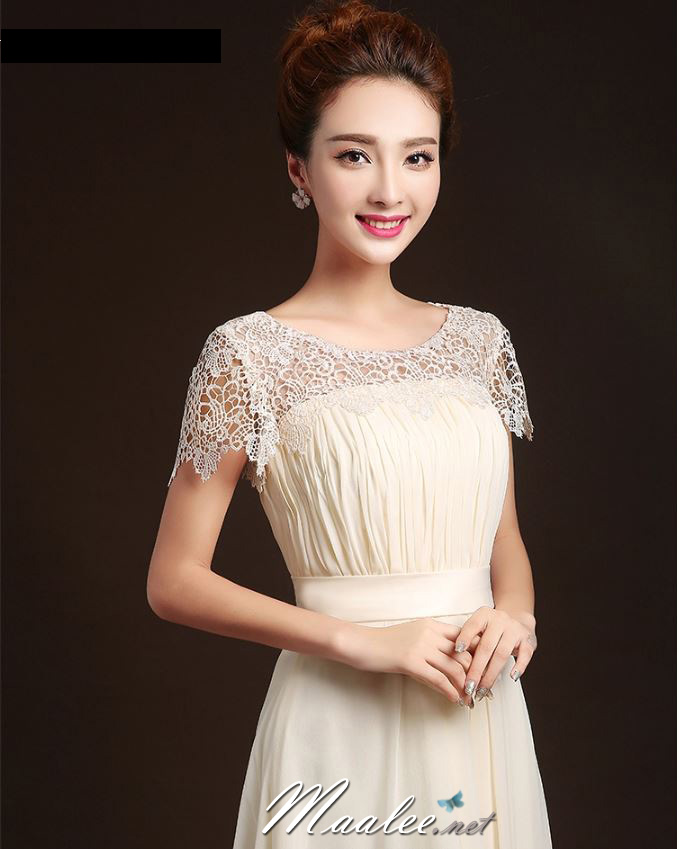 พร้อมเช่า ชุดราตรียาว ลูกไม้ กระโปรงผ้าชีฟอง อกจับจีบ เรียบหรู สีครีม Champagne