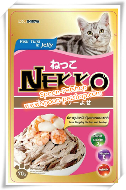Nekko อาหารซอง แมว เน็กโกะ รสปลาทูน่า หน้ากุ้ง และหอยเชลล์ในเยลลี่ 70g