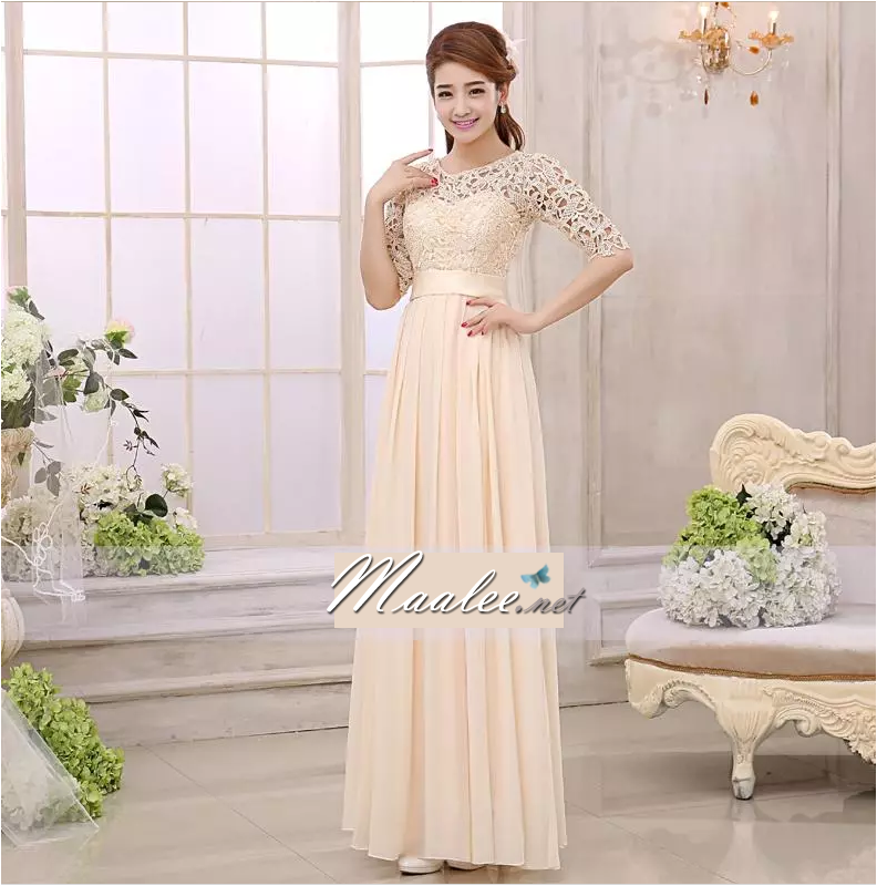 พร้อมส่ง ชุดราตรียาว สีครีม แขนสามส่วน ลูกไม้ฉลุ กระโปรงผ้าชีฟอง