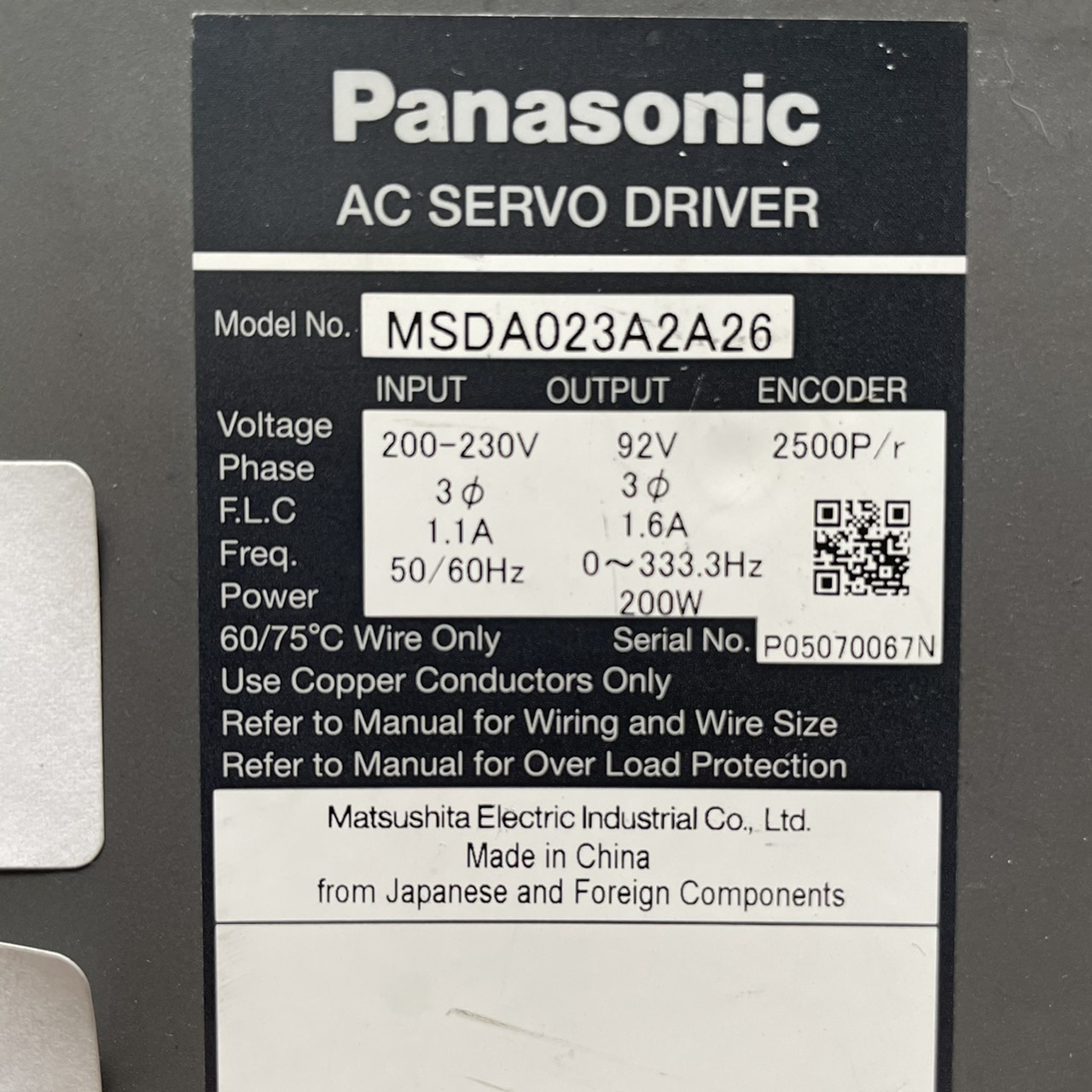 MSDA023A2A26 SERVO DRIVE " PANASONIC "