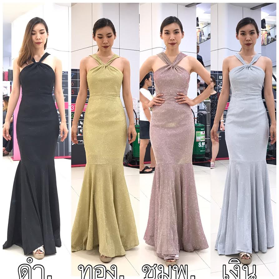 พร้อมเช่า ชุดเดรส คล้องคอ ทรงหางปลา ผ้า glitter ระยิบระยับ สีเงิน