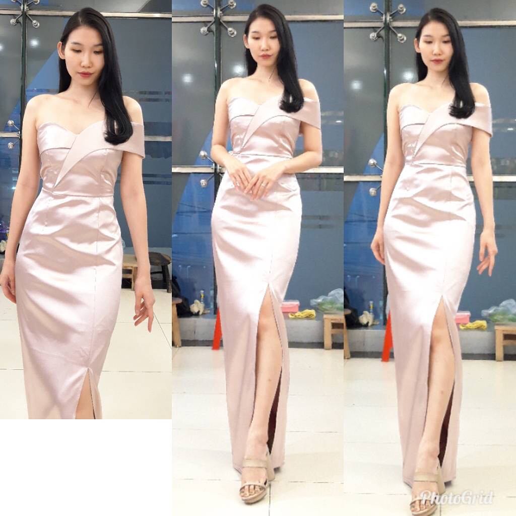 พร้อมเช่า ชุดเดรส ชุดออกงาน ราตรียาว สีชมพูพิ้งค์โกล เกาะอกเปิดไหล่ข้างเดียว ผ้าดัชเชสซาติน